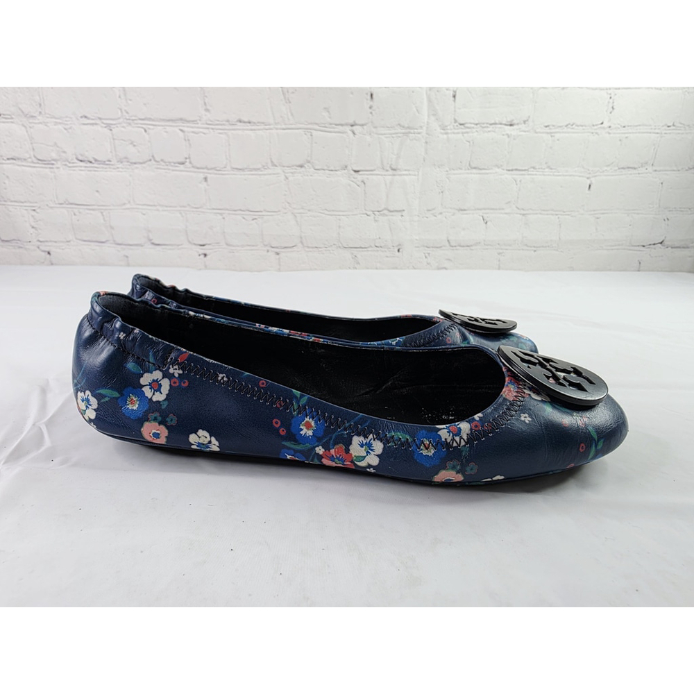 Tory Burch Minnie Travel Ballet Flats Blue Pansy Bouquet Floral Print Size 8.5 - Picture 2 of 7